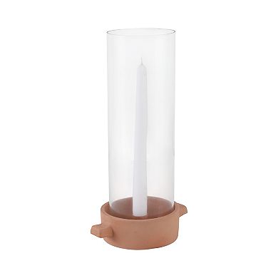 Pottery Glass Pillar and Taper Holder Rustic Base and Hurricane Sleeve