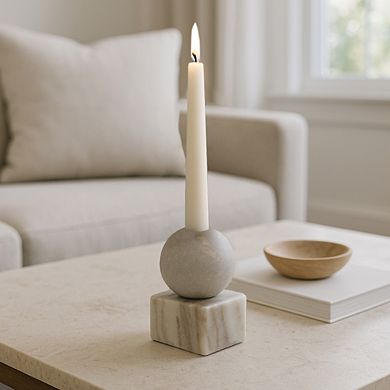 Modern Decorative Marble Taper Candle Holder, Ball On Cube Design