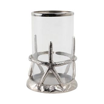 Aluminum Glass Pillar Candle Holder Starfish Design - 11" Silver