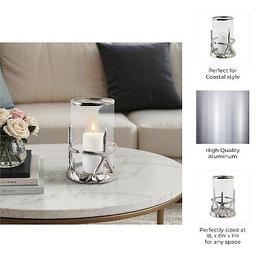 Aluminum Glass Pillar Candle Holder Starfish Design - 11" Silver