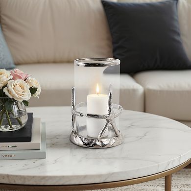 Aluminum Glass Pillar Candle Holder Starfish Design - 11" Silver