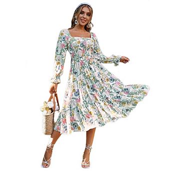 Womens Boho Flowy Long Sleeve Square Neck Floral Midi Dress Smocked Spring Fall Wedding Guest Dress