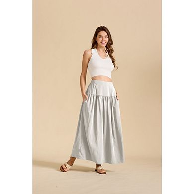 Women's Elastic High Waist Flowy Boho Long A line Maxi Pleated Beach Skirt Skirts with Pockets