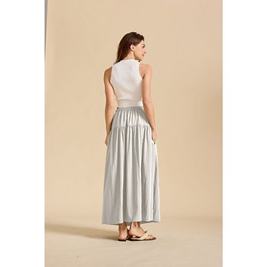 Women's Elastic High Waist Flowy Boho Long A line Maxi Pleated Beach Skirt Skirts with Pockets