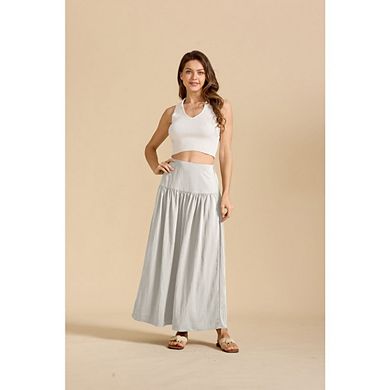 Women's Elastic High Waist Flowy Boho Long A line Maxi Pleated Beach Skirt Skirts with Pockets