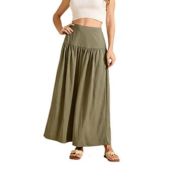 Women's Elastic High Waist Flowy Boho Long A line Maxi Pleated Beach Skirt Skirts with Pockets
