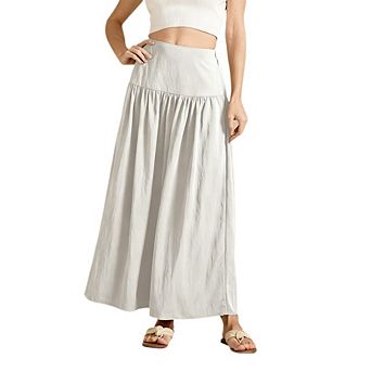 Women's Elastic High Waist Flowy Boho Long A line Maxi Pleated Beach Skirt Skirts with Pockets