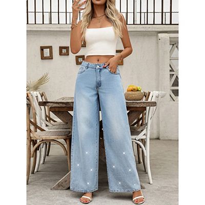 Womens Rhinestone Bling Jeans Baggy High Waisted Straight Wide Leg