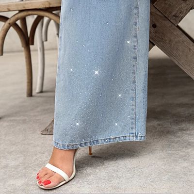 Womens Rhinestone Bling Jeans Baggy High Waisted Straight Wide Leg