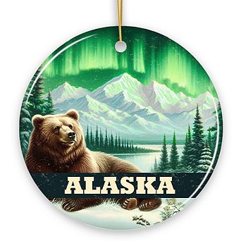 Majestic Alaska Wilderness Vintage Ornament, Northern Lights Grizzly Bear Christmas Gift and Nature