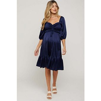 Maternity Satin Smocked Ruffle Hem Dress
