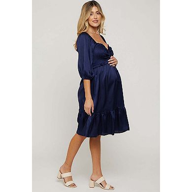 Maternity Satin Smocked Ruffle Hem Dress