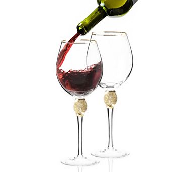 Berkware Rhinestone & Gold-Rimmed Long Stem Wine Glasses Set of 2, 18oz Lead-Free Crystal
