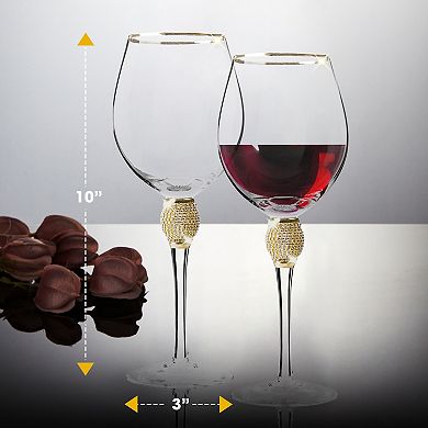 Berkware Rhinestone & Gold-Rimmed Long Stem Wine Glasses Set of 2, 18oz Lead-Free Crystal