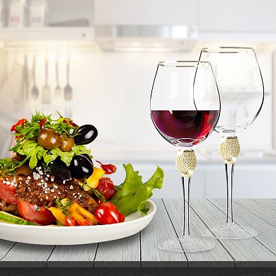Berkware Rhinestone & Gold-Rimmed Long Stem Wine Glasses Set of 2, 18oz Lead-Free Crystal