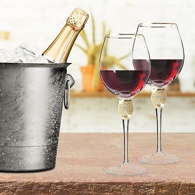 Berkware Rhinestone & Gold-Rimmed Long Stem Wine Glasses Set of 2, 18oz Lead-Free Crystal