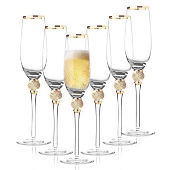 Berkware Luxurious Champagne Flutes with Gold-Rimmed & Rhinestone Set of 6, 9oz Lead-Free Crystal