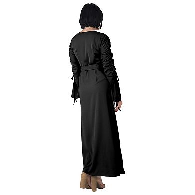 Women's Solid Ruched Long Sleeve Maxi Wrap Dress