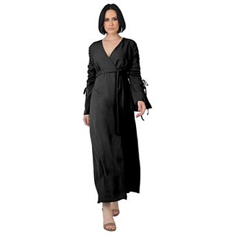 Women's Solid Ruched Long Sleeve Maxi Wrap Dress
