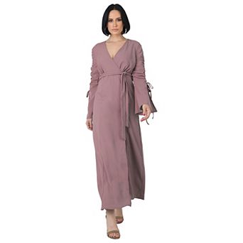 Women's Solid Ruched Long Sleeve Maxi Wrap Dress