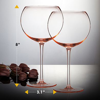 Berkware Oversized Rose Pink Tinted Premium Soda Lime Wine Glasses Set of 2, 18.7oz