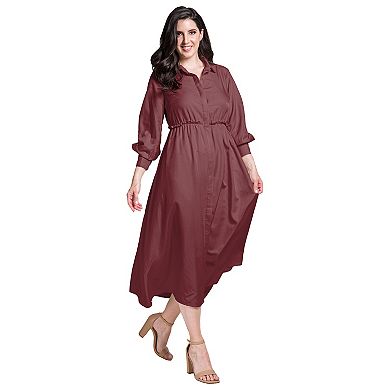 Women's Button Front Cuffed Balloon Sleeves Shirt Dress