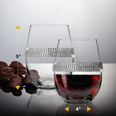 Berkware Classy Silver-Tone Stemless Wine Glasses Set of 2, 16oz Premium Crystal