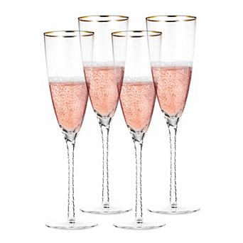 Berkware Elegant Long Twisted Stem Champagne Flutes with 14k Gold Rim Set of 4 10.6oz