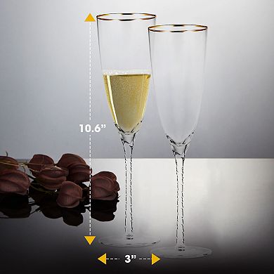 Berkware Elegant Long Twisted Stem Champagne Flutes with 14k Gold Rim Set of 4 10.6oz