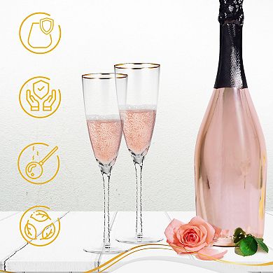 Berkware Elegant Long Twisted Stem Champagne Flutes with 14k Gold Rim Set of 4 10.6oz