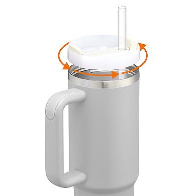 Cheer Collection 30oz Gray Insulated Tumbler with Handle & Straw Leakproof Travel Mug