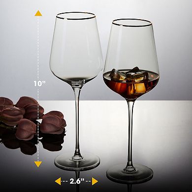 Berkware Premium Long Stem Crystal Wine Glasses with Gold Rim Set of 6, 15.8oz