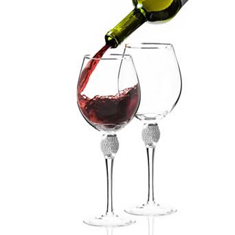 Berkware Rhinestone & Silver-Rimmed Long Stem Wine Glasses Set of 2, 18oz Lead-Free Crystal