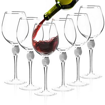 Berkware Rhinestone & Silver-Rimmed Long Stem Wine Glasses Set of 6, 18oz Lead-Free Crystal