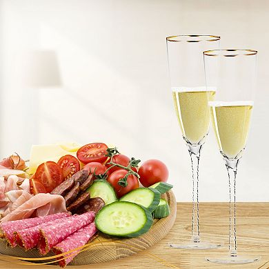 Berkware Elegant Long Twisted Stem Champagne Flutes with 14k Gold Rim Set of 2 10.6oz