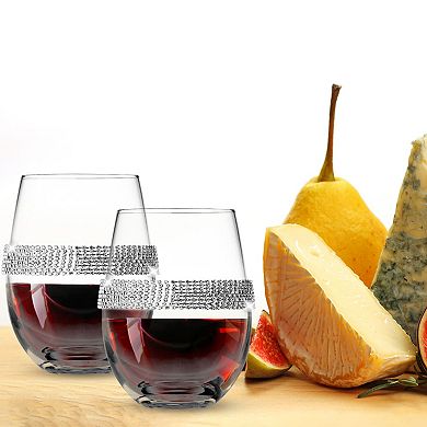 Berkware Classy Silver-Tone Stemless Wine Glasses Set of 2, 16oz Premium Crystal