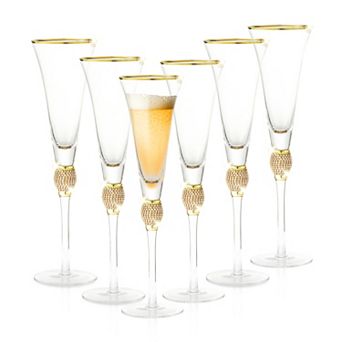 Berkware Rhinestone & Gold-Rimmed Trumpet Champagne Flutes Set of 6, 9oz Lead-Free Crystal
