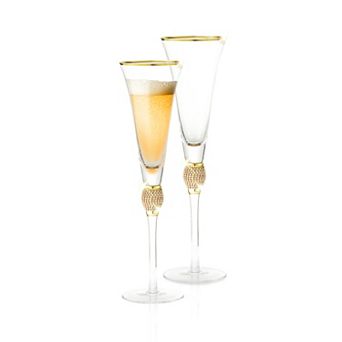 Berkware Rhinestone & Gold-Rimmed Trumpet Champagne Flutes Set of 2, 9oz Lead-Free Crystal