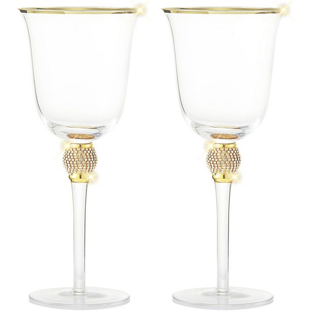 Berkware Set of 2 Gold tone Wine Glasses - Luxurious Rose and White Wine Glass with Dazzling Rhinestone Design and Gold tone Rim