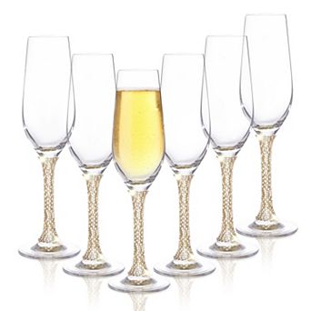 Berkware Gold Rhinestone-Embellished Champagne Flutes Set of 6, 8oz Lead-Free Crystal