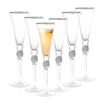 Berkware Rhinestone & Silver-Rimmed Trumpet Champagne Flutes Set of 6, 9oz Lead-Free Crystal
