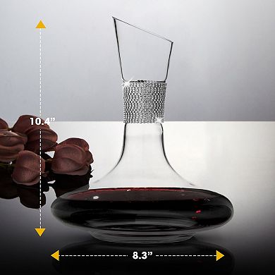 Berkware 60oz Wide Base Wine Decanter with Silver Rhinestone Collar, Elegant Lead-Free Glass Carafe