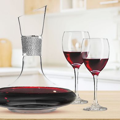 Berkware 60oz Wide Base Wine Decanter with Silver Rhinestone Collar, Elegant Lead-Free Glass Carafe