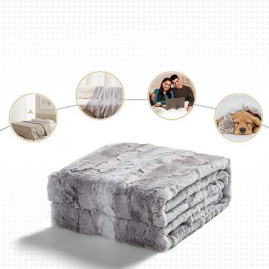 Cheer Collection Marble Gray Faux Fur Throw Blanket Ultra Soft Leaf Design for Couch and Bed