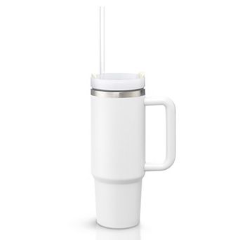 Cheer Collection 30oz White Insulated Tumbler with Handle & Straw Leakproof Travel Mug