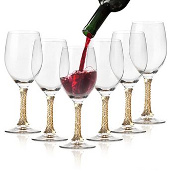 Berkware Crystal Wine Glasses with Gold Rhinestone Stem Elegant Set of 6, 12oz Lead-Free