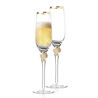 Berkware Luxurious Champagne Flutes with Gold-Rimmed & Rhinestone Set of 2, 9oz Lead-Free Crystal