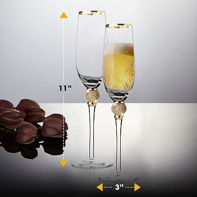 Berkware Luxurious Champagne Flutes with Gold-Rimmed & Rhinestone Set of 2, 9oz Lead-Free Crystal
