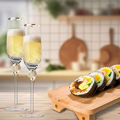 Berkware Luxurious Champagne Flutes with Gold-Rimmed & Rhinestone Set of 2, 9oz Lead-Free Crystal