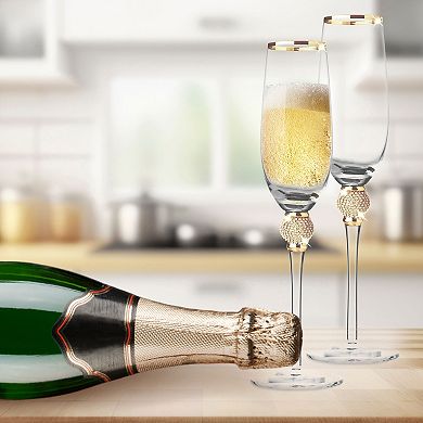 Berkware Luxurious Champagne Flutes with Gold-Rimmed & Rhinestone Set of 2, 9oz Lead-Free Crystal
